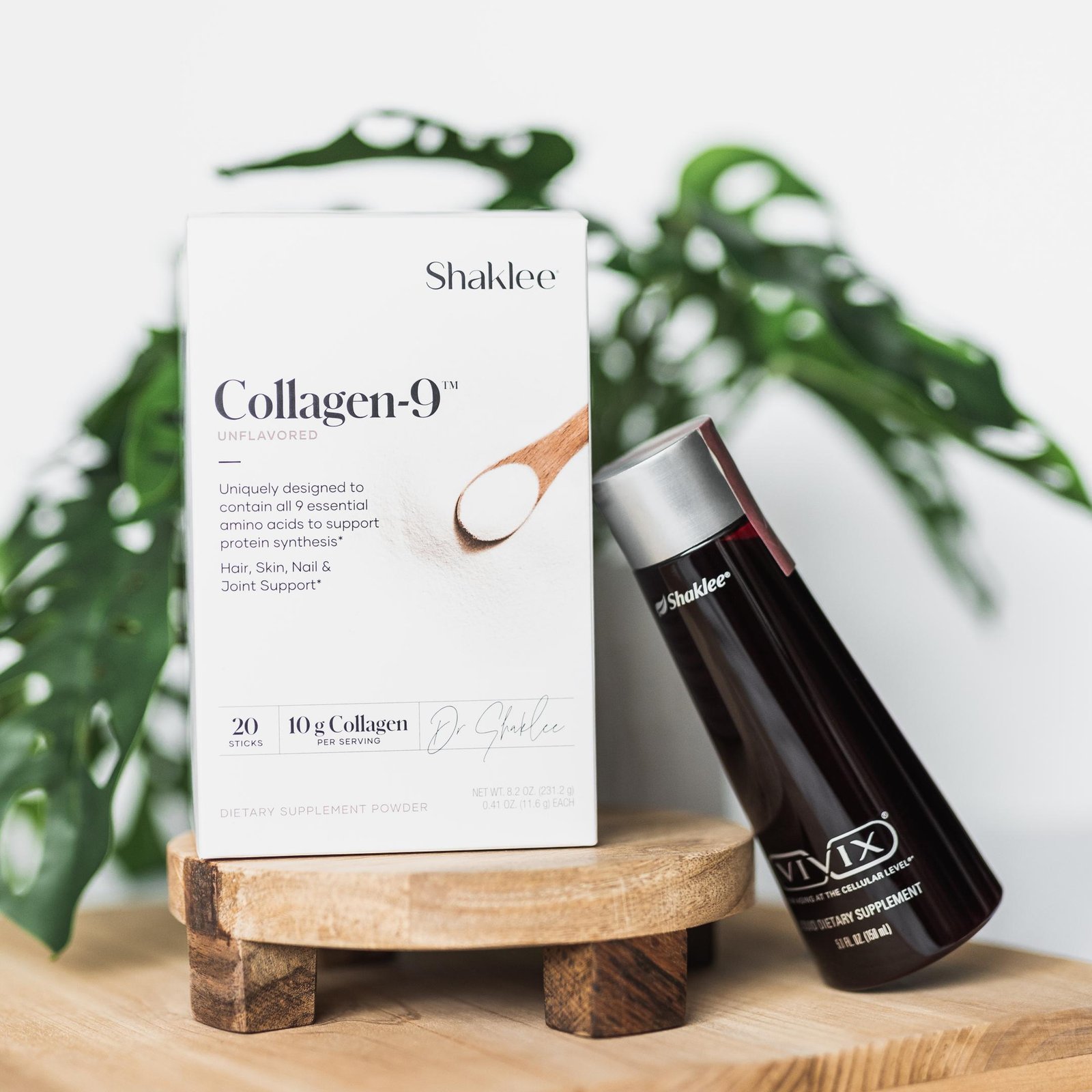 collagen 9 box with vivix liquid on wooden tray feed product image - Shaklee NZ Shaklee Vivix NZ — cellular anti-ageing polyphenol supplement 500ml
