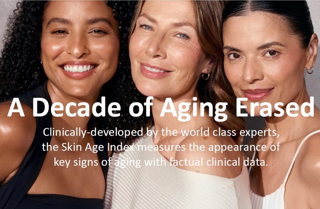 Three smiling women of diverse ages and backgrounds posing together with bold white text: “A Decade of Aging Erased,” about the Skin Age Index.
